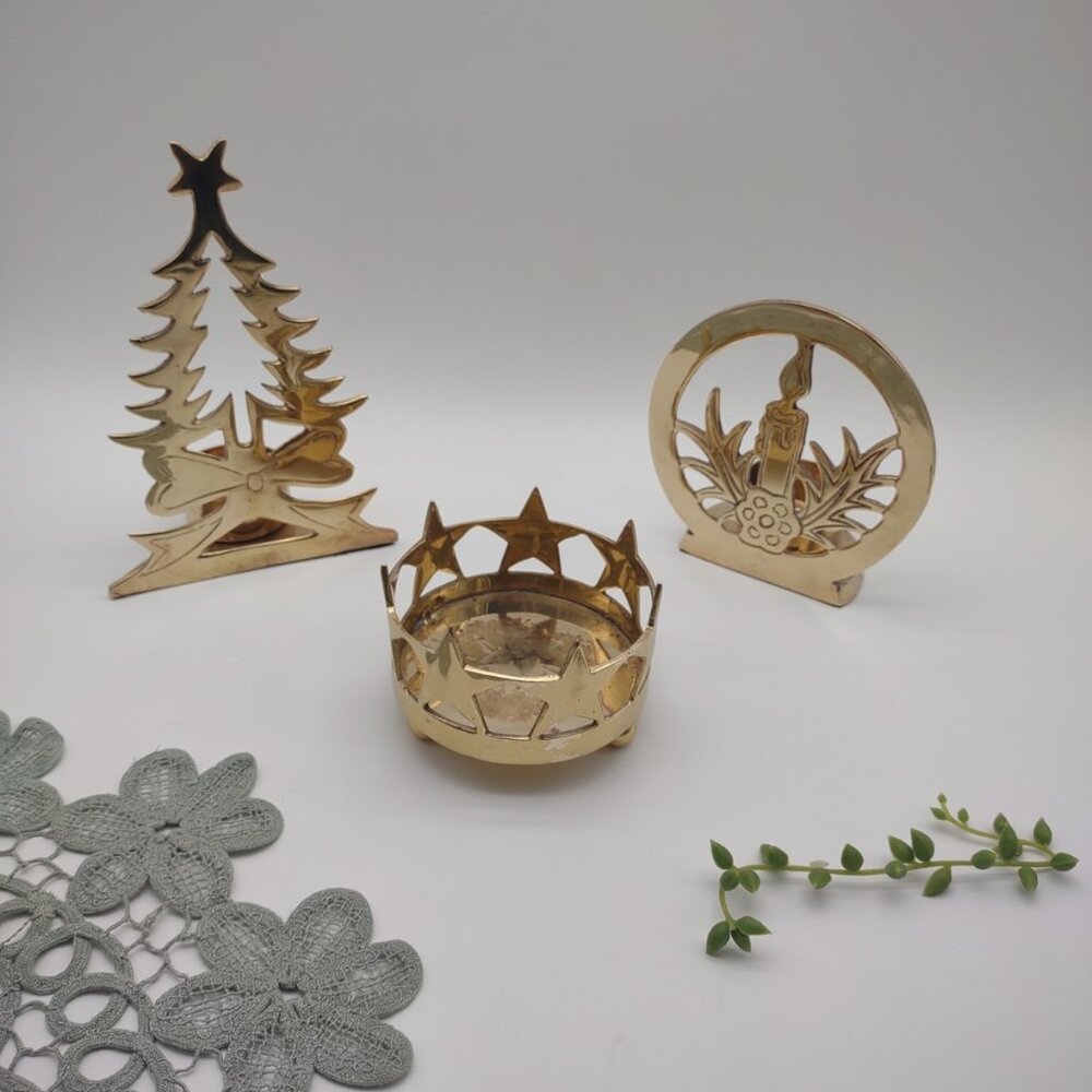 Vintage Lot of 3 Christmas Brass Votive Pillar Candle Holders, Tree Star Wreath